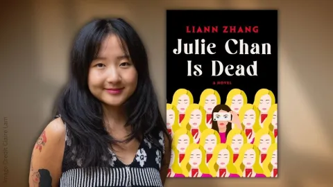 photograph of author Liann Zhang with her book Julie Chan is Dead