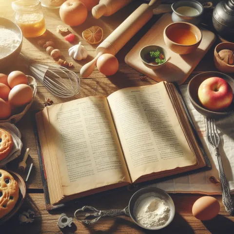 Image of a cookbook on a kitchen counter surrounded by cooking ingredients