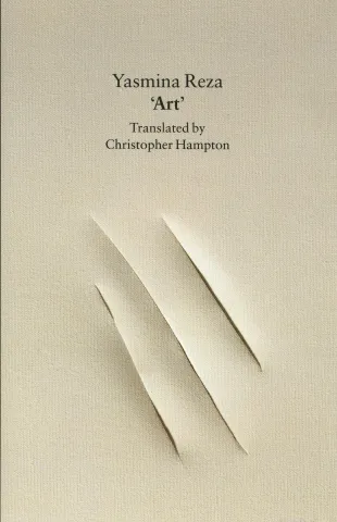 The cover of Art by Yasmina Reza, a white painting with three slashes on it..
