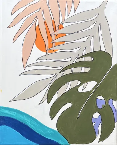 Painting of organic shapes like leaves and water