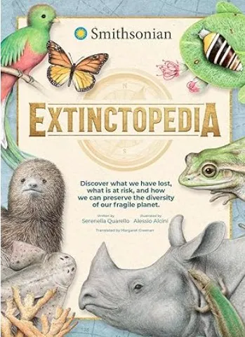 Cover of the book extinctopedia shows a rhinoceros and other animals