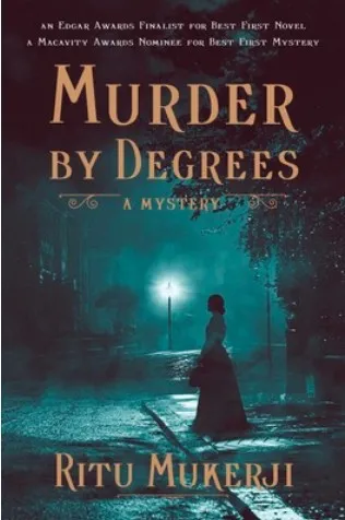 The cover of Murder by Degrees has a woman standing in lamplight