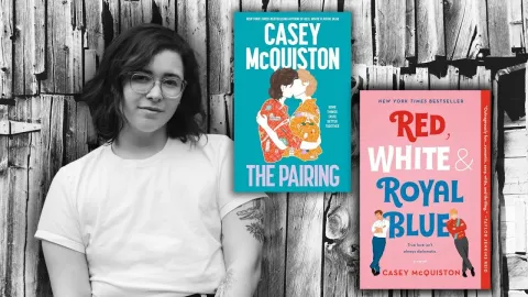 An image of Casey McQuiston with her book.