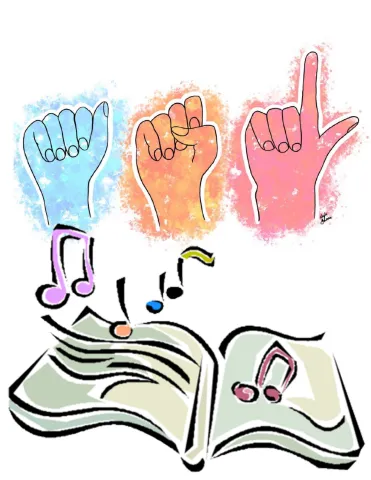drawing of hands signing ASL and an open book with music notes
