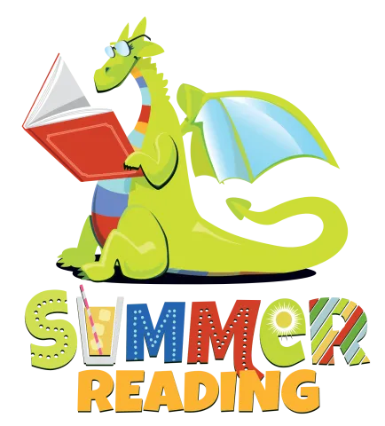 New Providence's dragon mascot reading a book on top of colorful Summer Reading text