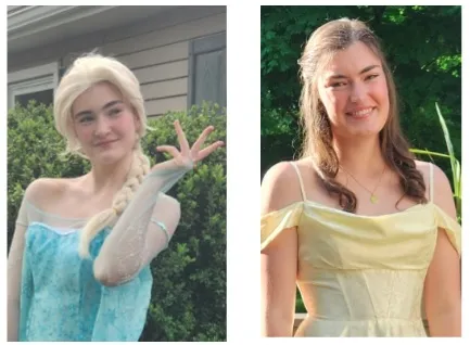 Two teen girls dressed up as Princess Elsa and Princess Belle
