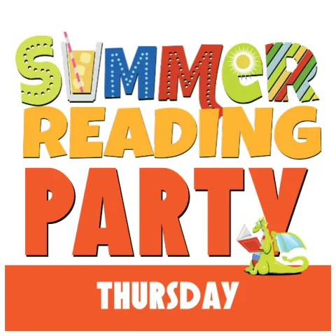 Colorful Summer Reading Party logo with dragon reading a book