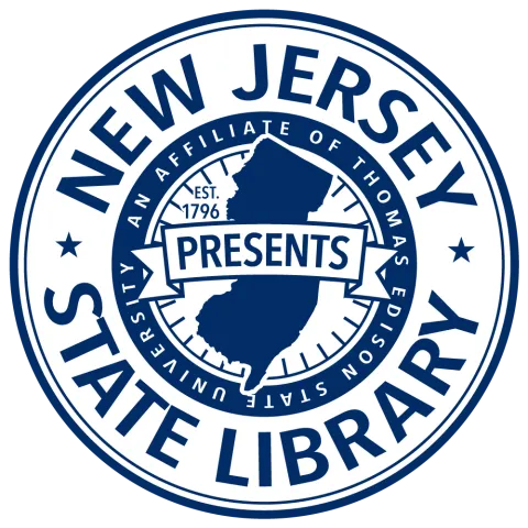 A seal that says New Jersey State Library Presents with the shape of the state in the middle.