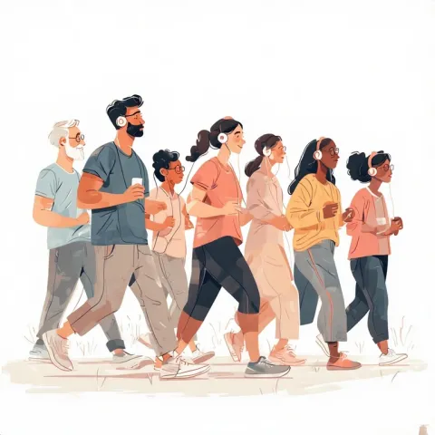 group of people walking while listening to audiobooks
