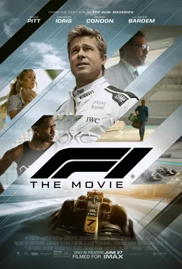 Brad Pitt is shown wearing a white race car uniform with a formula 1 race car.