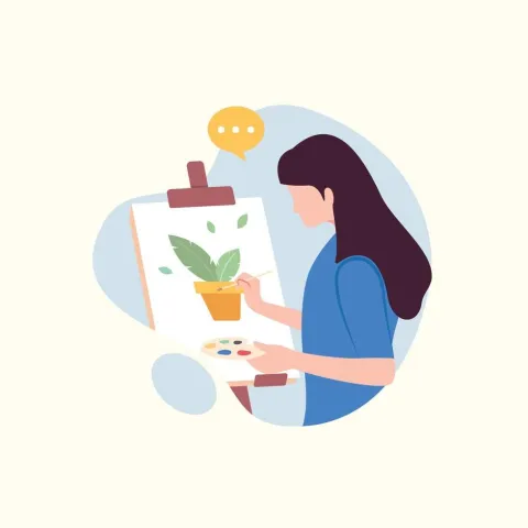 An image of a woman painting the image of a plant.