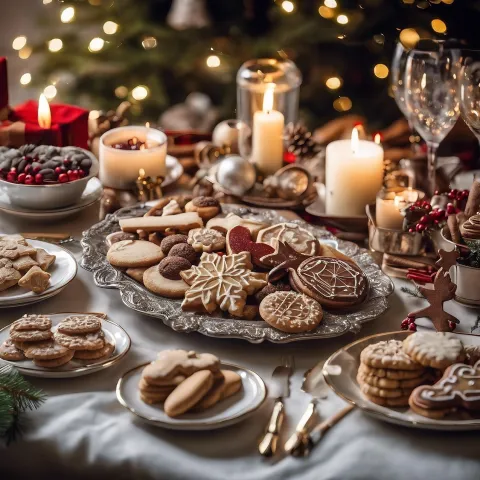 Various types of cookies, each on their own plate, on a table with candles