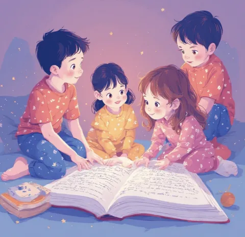 children in pjs with book