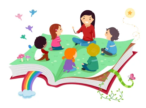 cartoon storyteller and children