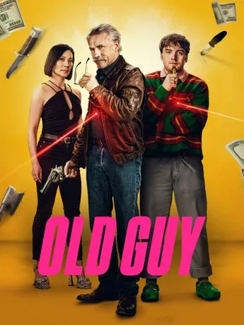 An image of a man holding a gun with a woman and younger man at his side