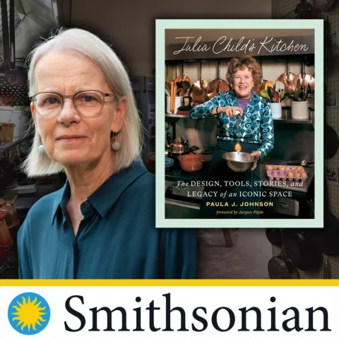 A photo of Paula J. Johnson and her book, Julia Child's Kitchen.