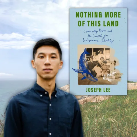 A photo of Joseph Lee and his book, Nothing More of This Land, in front of a Martha's Vineyard ocean view.
