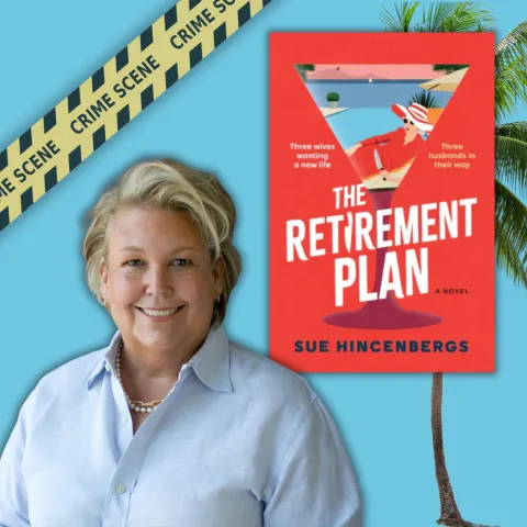 A photo of Sue Hincenbergs and her book, Retirement plan, in front of a backdrop with a palm tree and crime scene tape.