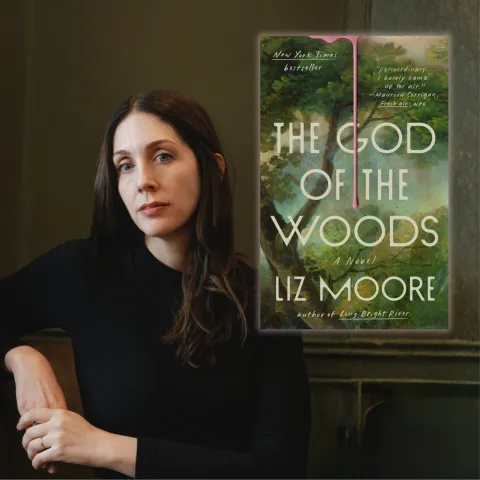 An image of the author Liz Moore, a white woman with dark brown long hair, with an image of the book cover of The Good of the Woods
