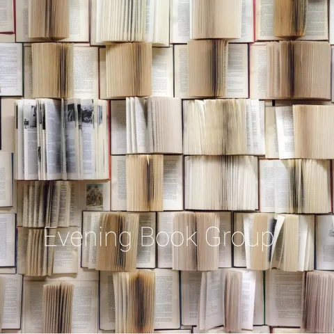 a grid of open books with the text "Evening Book Club" overlaid