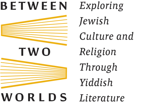 Graphic with the words Between Two Worlds Exploring Jewish Culture and Religion Through Yiddish Literature with two yellow books as seen from the side