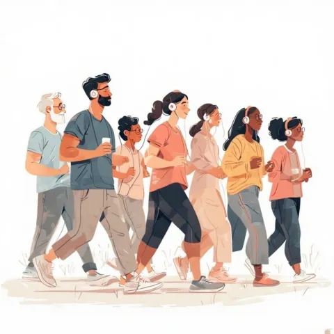 group of people walking while listening to audiobooks
