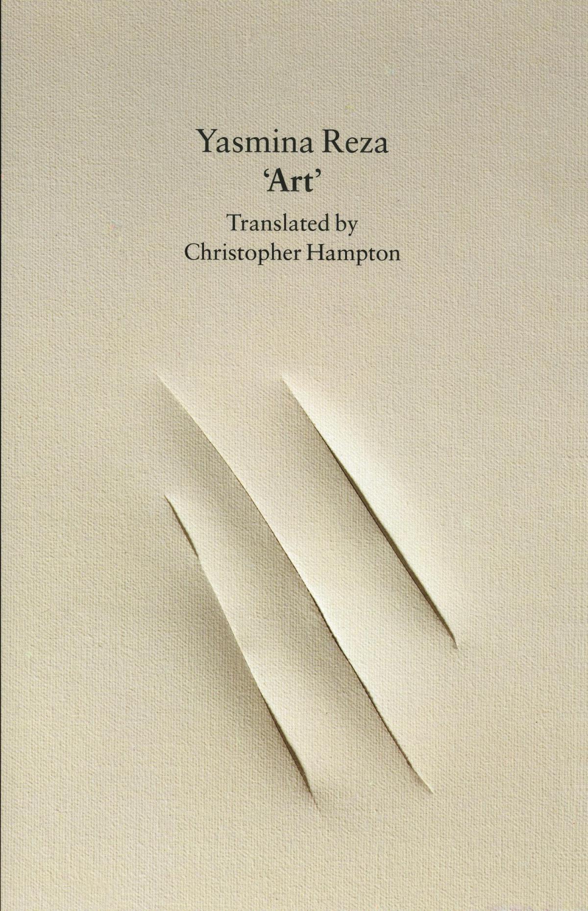 The cover of Art by Yasmina Reza, a white painting with three slashes on it..