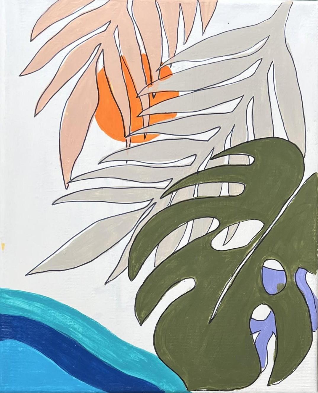 Painting of organic shapes like leaves and water