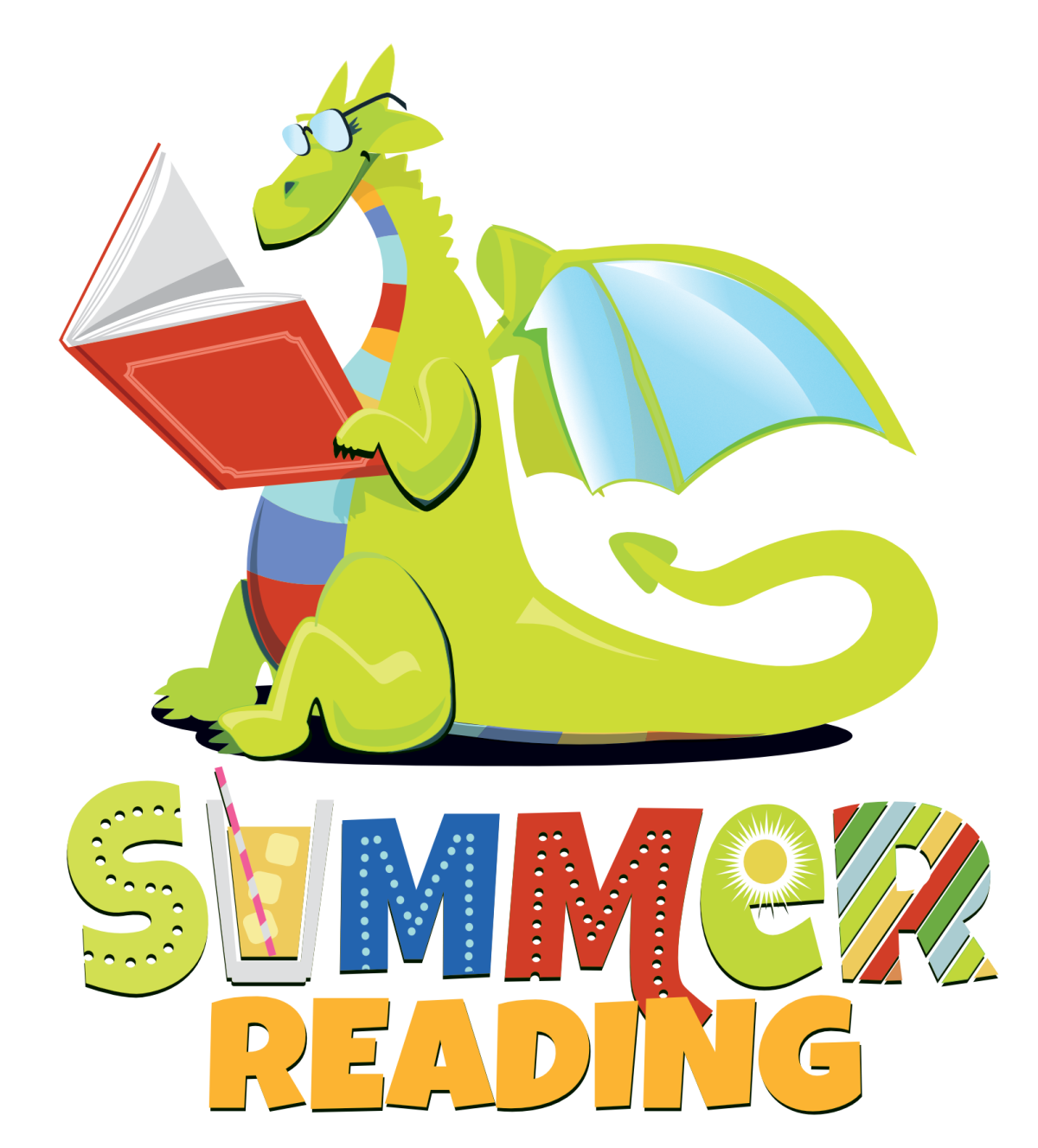New Providence's dragon mascot reading a book on top of colorful Summer Reading text