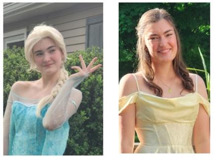 Two teen girls dressed up as Princess Elsa and Princess Belle