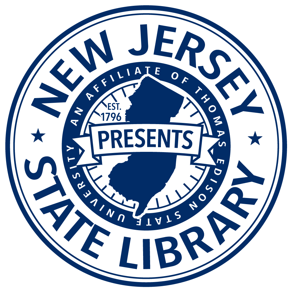 A seal that says New Jersey State Library Presents with the shape of the state in the middle.