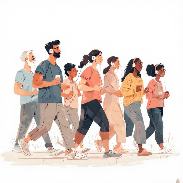group of people walking while listening to audiobooks