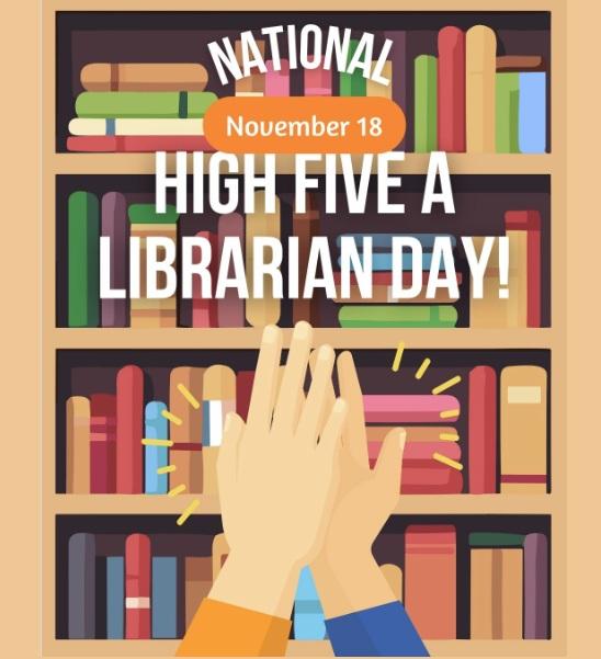 two hands high fiving in front of book shelves